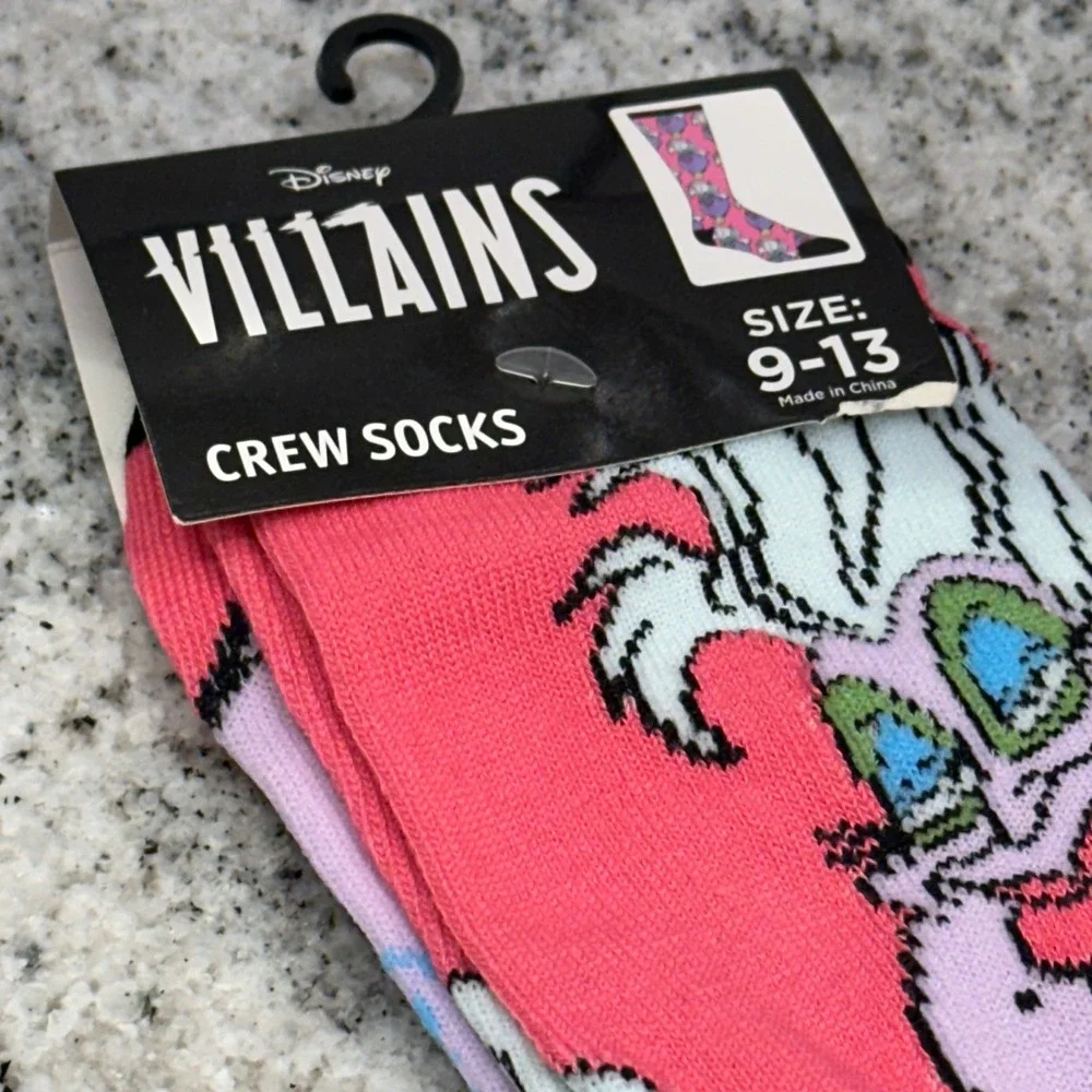 Disney Villains Unisex 9-13 Crew Socks Pink Ursula Little Mermaid Sea‎ Witch NWT